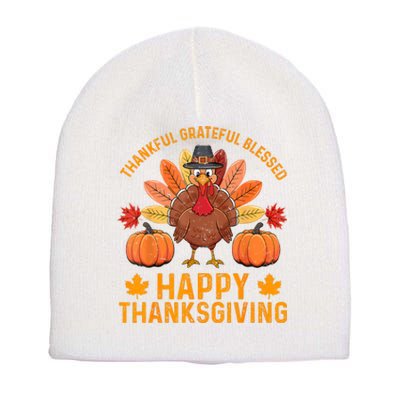 Thankful Grateful Blessed Turkey Women Happy Thanksgiving Short Acrylic Beanie