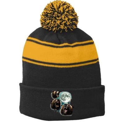 Three Grizzly Bears Howl At Moon Starry Mountain Forest Bear Stripe Pom Pom Beanie