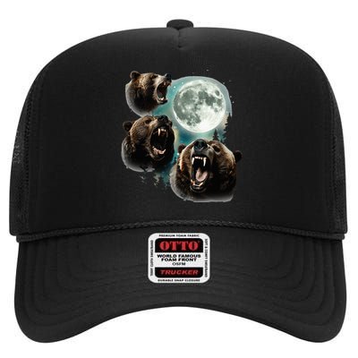 Three Grizzly Bears Howl At Moon Starry Mountain Forest Bear High Crown Mesh Back Trucker Hat