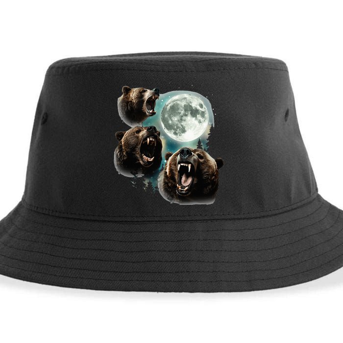 Three Grizzly Bears Howl At Moon Starry Mountain Forest Bear Sustainable Bucket Hat