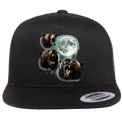 Three Grizzly Bears Howl At Moon Starry Mountain Forest Bear Flat Bill Trucker Hat