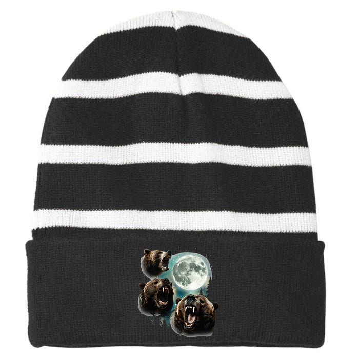 Three Grizzly Bears Howl At Moon Starry Mountain Forest Bear Striped Beanie with Solid Band