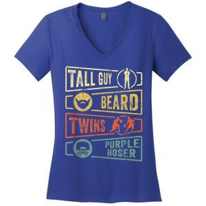 Tall Guy Beard Twins Purple Hoser Women's V-Neck T-Shirt