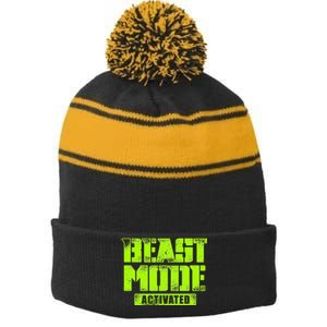 Trendy Graphic Beast Mode Activated Stripe Pom Pom Beanie