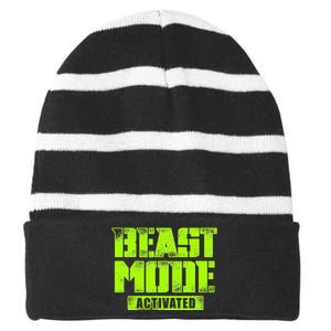 Trendy Graphic Beast Mode Activated Striped Beanie with Solid Band