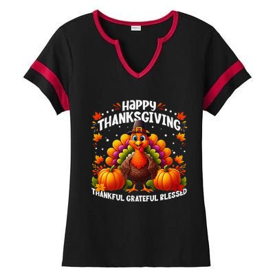 Thankful Grateful Blessed Happy Thanksgiving Turkey Women Gift Ladies Halftime Notch Neck Tee