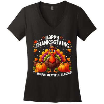 Thankful Grateful Blessed Happy Thanksgiving Turkey Women Gift Women's V-Neck T-Shirt