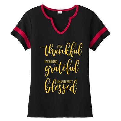 Thankful Grateful Blessed Leopard Pumpkin Fall Thanksgiving Ladies Halftime Notch Neck Tee