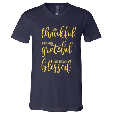 Thankful Grateful Blessed Leopard Pumpkin Fall Thanksgiving V-Neck T-Shirt