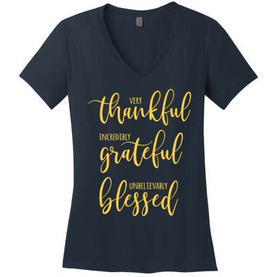 Thankful Grateful Blessed Leopard Pumpkin Fall Thanksgiving Women's V-Neck T-Shirt