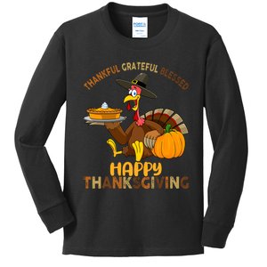 Thankful Grateful Blessed Happy Thanksgiving Girls Turkey Kids Long Sleeve Shirt