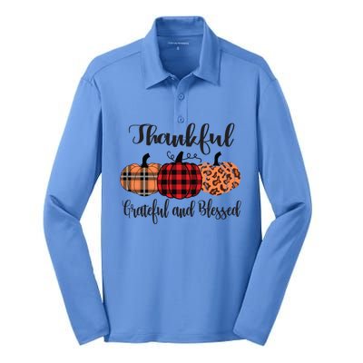 Thankful Grateful Blessed Plaid Leopard Pumpkin Thanksgiving Gift Silk Touch Performance Long Sleeve Polo