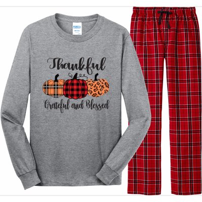 Thankful Grateful Blessed Plaid Leopard Pumpkin Thanksgiving Gift Long Sleeve Pajama Set