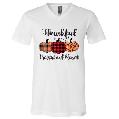 Thankful Grateful Blessed Plaid Leopard Pumpkin Thanksgiving Gift V-Neck T-Shirt