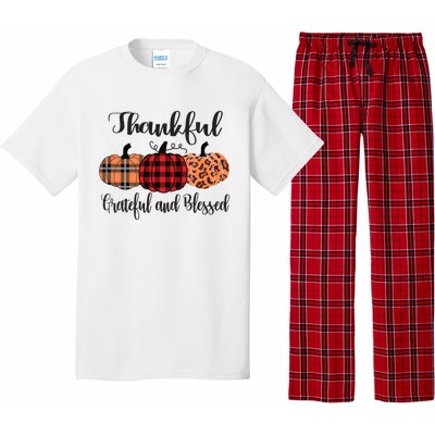 Thankful Grateful Blessed Plaid Leopard Pumpkin Thanksgiving Gift Pajama Set