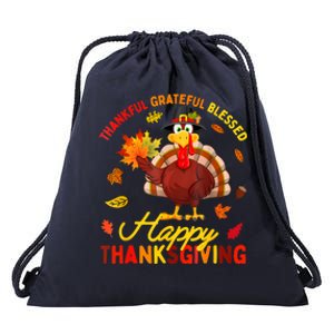 Thankful Grateful Blessed Turkey Family Happy Thanksgiving Drawstring Bag