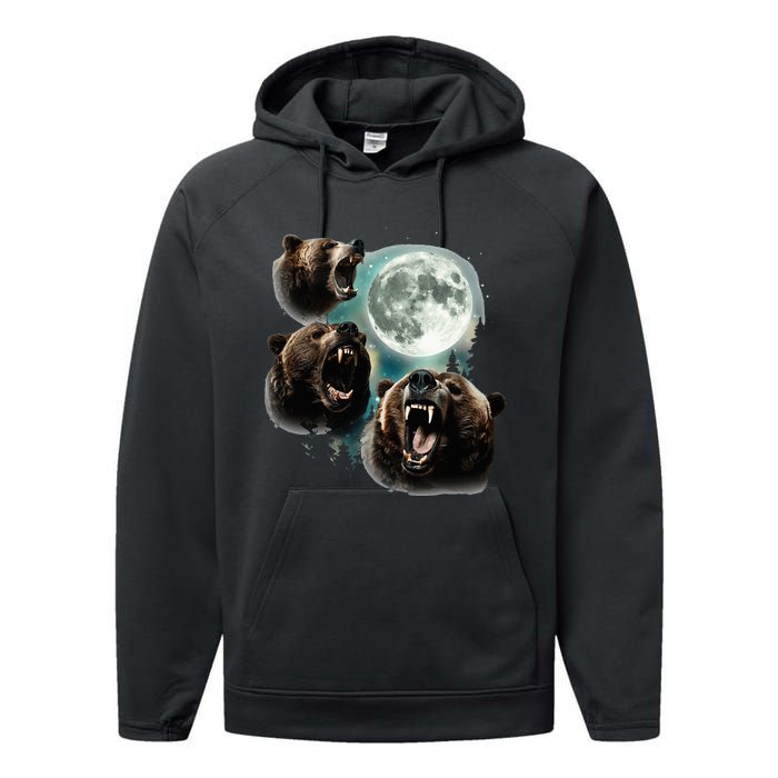 Three Grizzly Bears Howl At Moon Starry Mountain Forest Bear Performance Fleece Hoodie