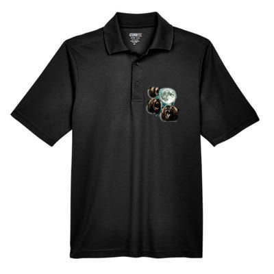 Three Grizzly Bears Howl At Moon Starry Mountain Forest Bear Men's Origin Performance Pique Polo