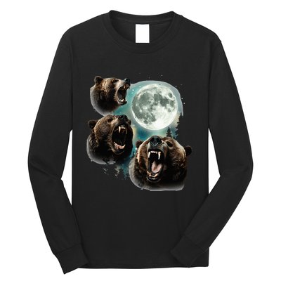 Three Grizzly Bears Howl At Moon Starry Mountain Forest Bear Long Sleeve Shirt