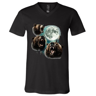 Three Grizzly Bears Howl At Moon Starry Mountain Forest Bear V-Neck T-Shirt