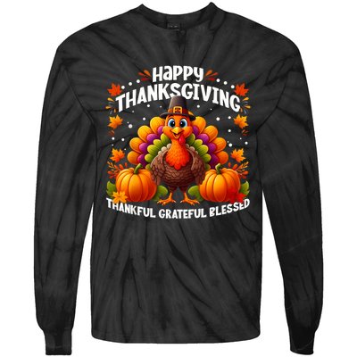 Thankful Grateful Blessed Happy Thanksgiving Turkey Women Tie-Dye Long Sleeve Shirt