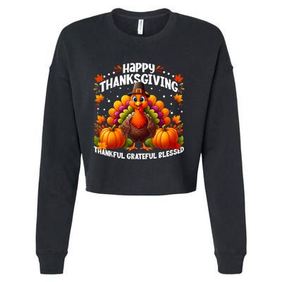 Thankful Grateful Blessed Happy Thanksgiving Turkey Women Cropped Pullover Crew