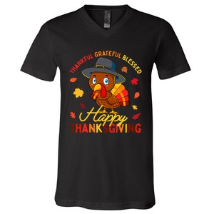 Thankful Grateful Blessed Thanksgiving Turkey V-Neck T-Shirt