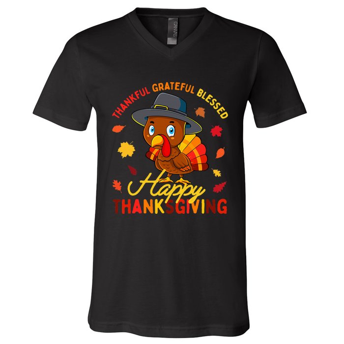 Thankful Grateful Blessed Thanksgiving Turkey V-Neck T-Shirt