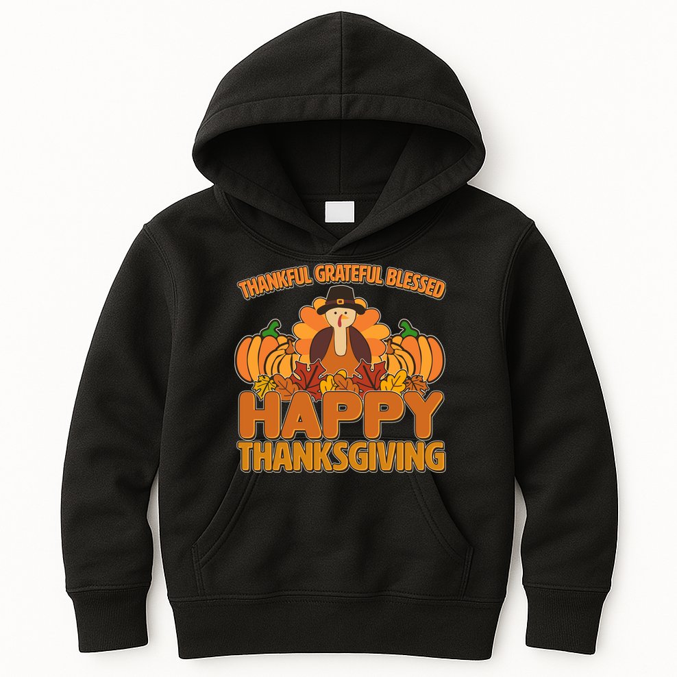 Thankful Grateful Blessed Happy Thanksgiving Turkey Kids Hoodie
