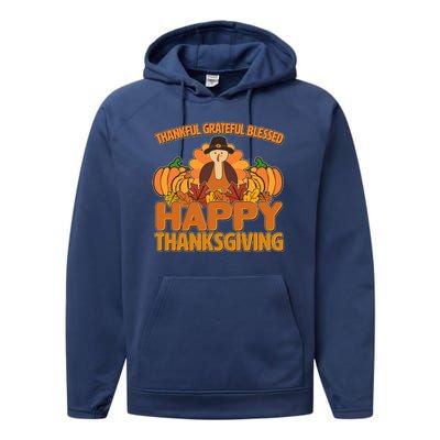 Thankful Grateful Blessed Happy Thanksgiving Turkey Performance Fleece Hoodie