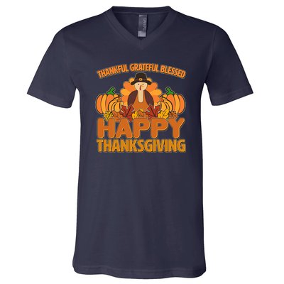 Thankful Grateful Blessed Happy Thanksgiving Turkey V-Neck T-Shirt