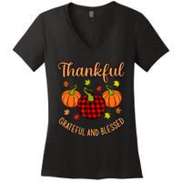 Thankful Grateful Blessed Turkey Thanksgiving Family Graphic Women's V-Neck T-Shirt