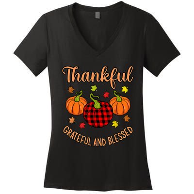 Thankful Grateful Blessed Turkey Thanksgiving Family Graphic Women's V-Neck T-Shirt