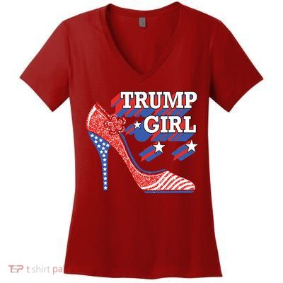 Trump Girl Cute High Heel American Usa Flag Women's V-Neck T-Shirt