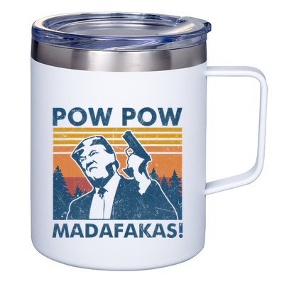 Trump Gun Cat Pew Pew Madafakas Vintage Crazy Funny Pow Pow 12oz Stainless Steel Coffee Mug