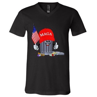 Trump Garbage Can Cartoon Character American Flag V-Neck T-Shirt