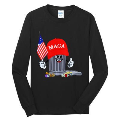 Trump Garbage Can Cartoon Character American Flag Tall Long Sleeve T-Shirt