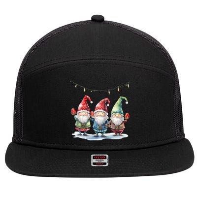 Three Gnomies Christmas Lighgreat Gift Funny Gnomies Lover Xmas Gift 7 Panel Mesh Trucker Snapback Hat