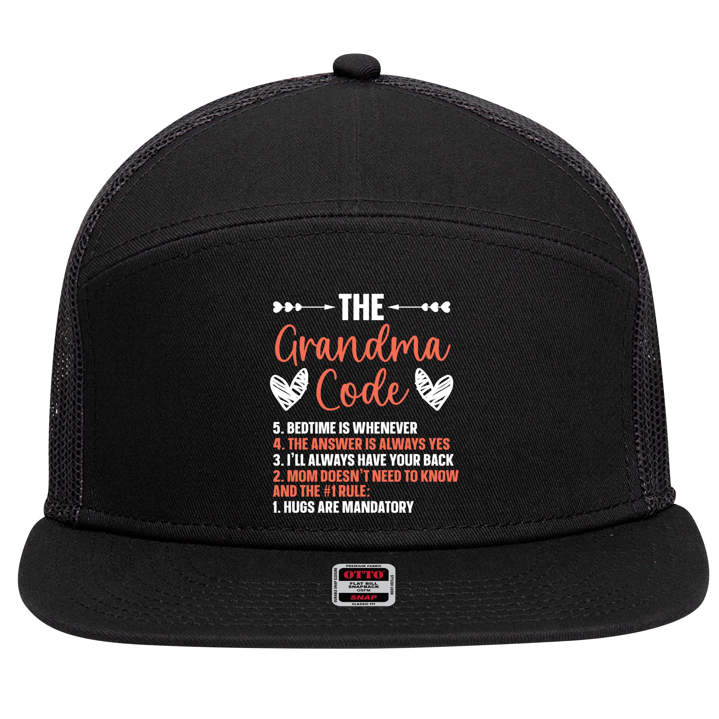 The Grandma Code Granny Grandmother Grandparent Gift 7 Panel Mesh Trucker Snapback Hat