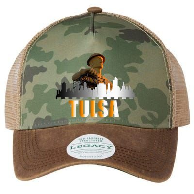 The Golden Driller Of Tulsa Oklahoma And The Tulsa Skyline Legacy Tie Dye Trucker Hat