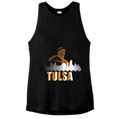 The Golden Driller Of Tulsa Oklahoma And The Tulsa Skyline Ladies PosiCharge Tri-Blend Wicking Tank