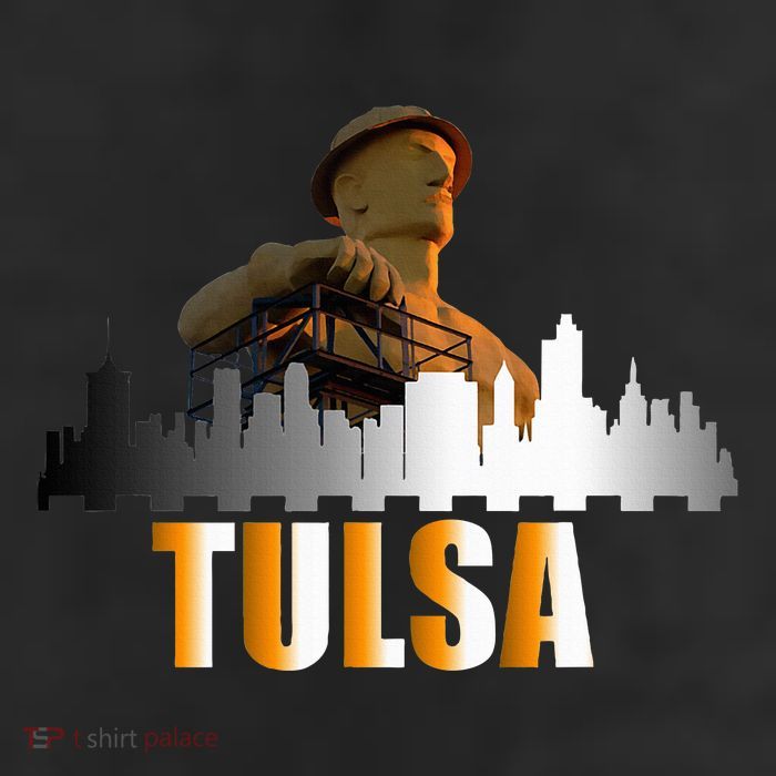 The Golden Driller Of Tulsa Oklahoma And The Tulsa Skyline 7 Panel Mesh Trucker Snapback Hat