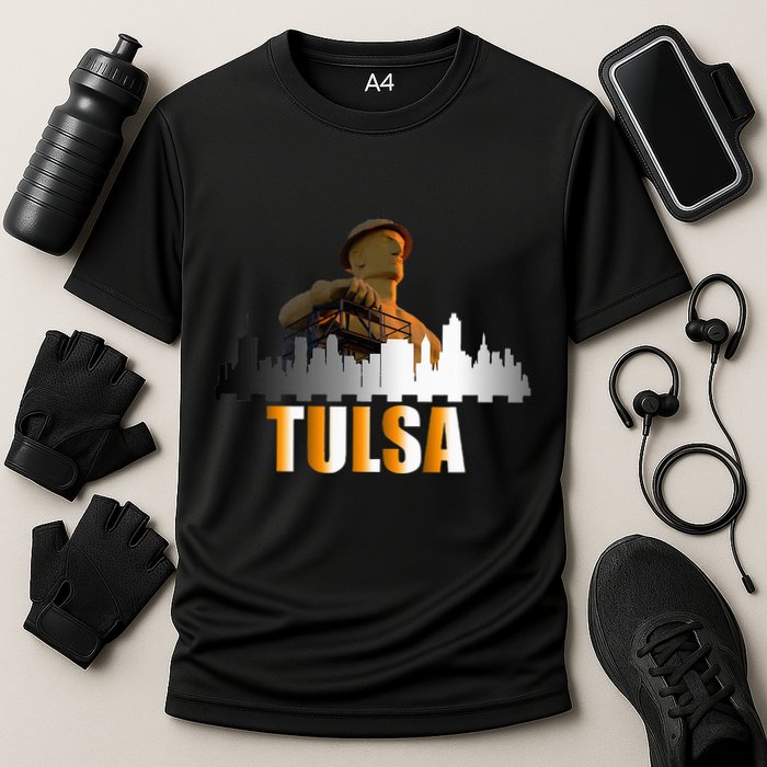The Golden Driller Of Tulsa Oklahoma And The Tulsa Skyline Cooling Performance Crew T-Shirt