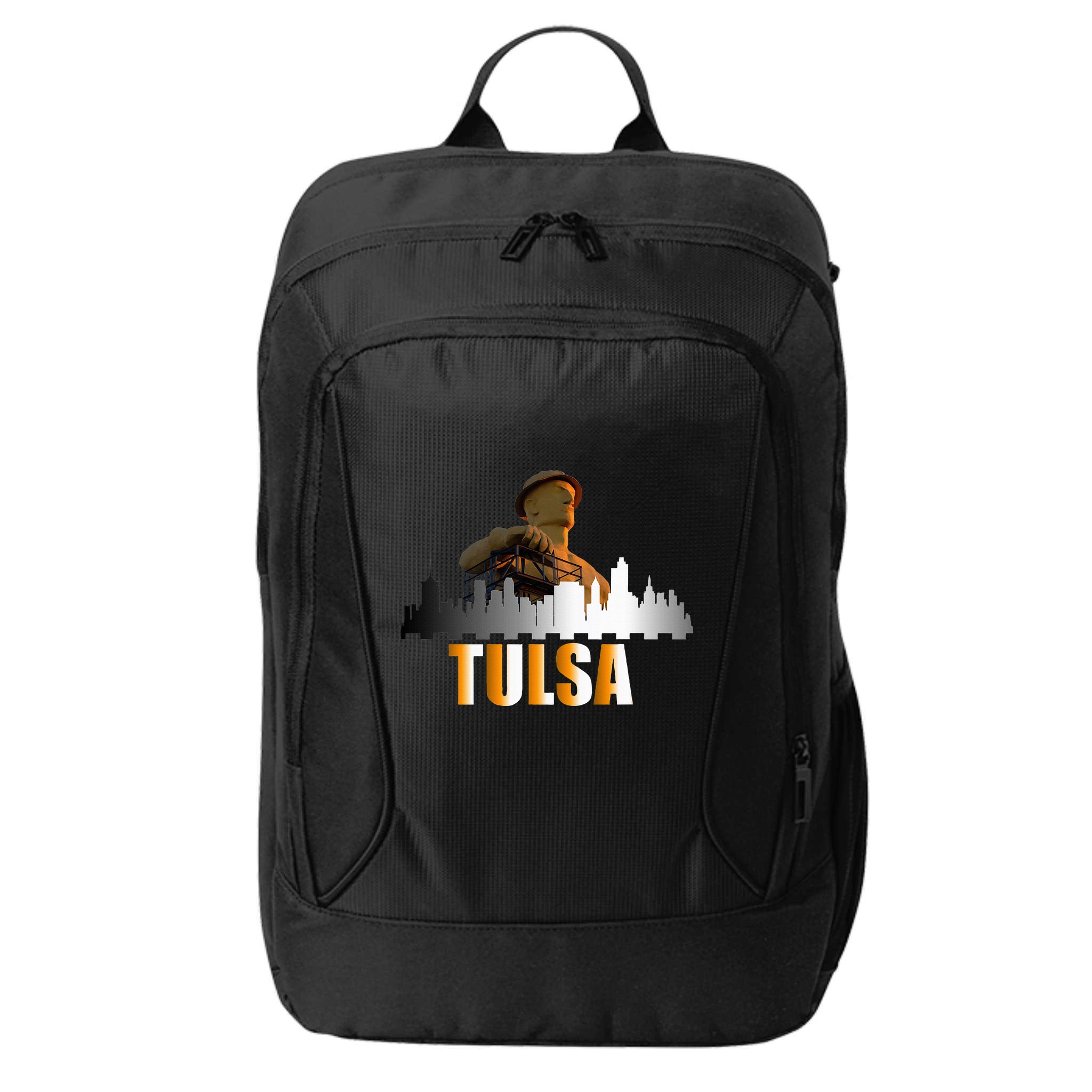 The Golden Driller Of Tulsa Oklahoma And The Tulsa Skyline City Backpack