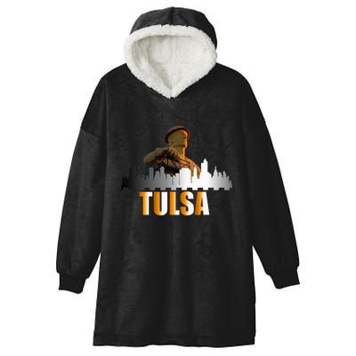 The Golden Driller Of Tulsa Oklahoma And The Tulsa Skyline Hooded Wearable Blanket