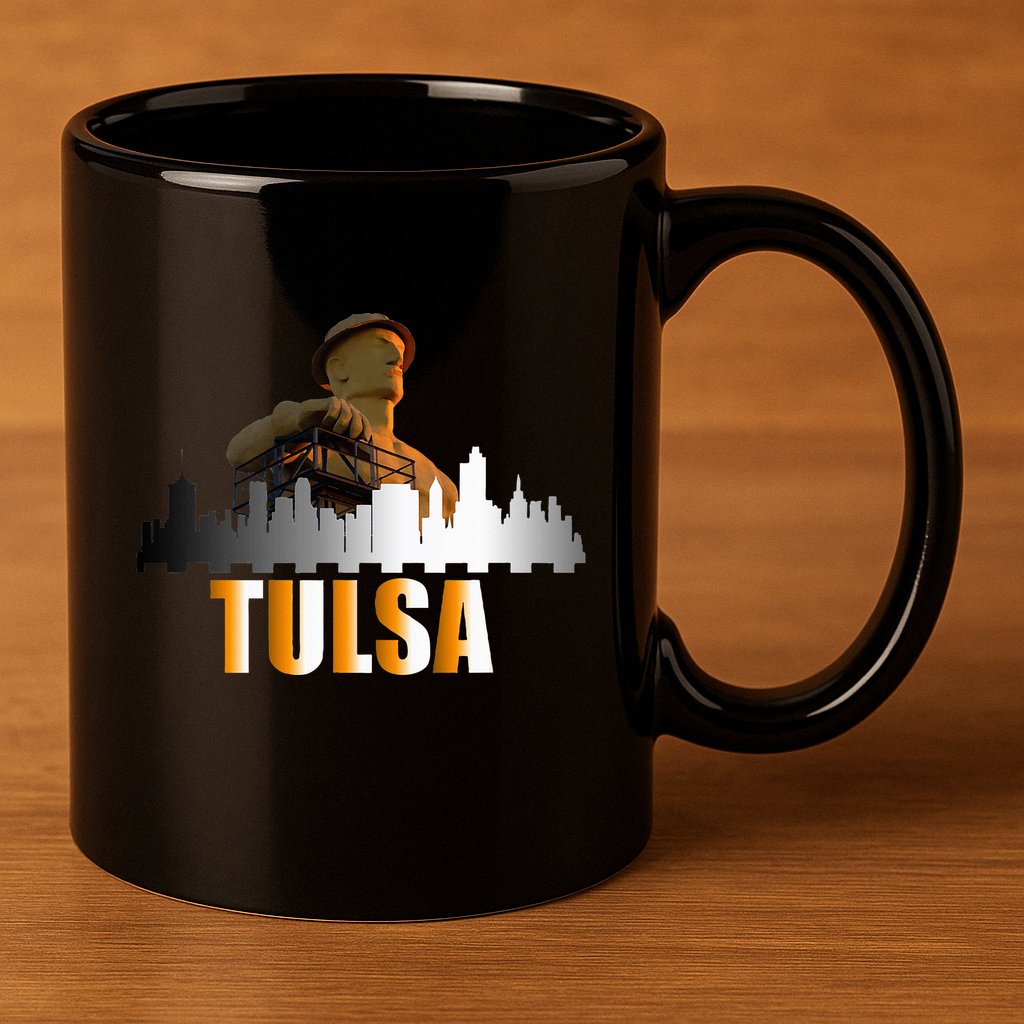 The Golden Driller Of Tulsa Oklahoma And The Tulsa Skyline 11oz C Handle Ceramic Mug