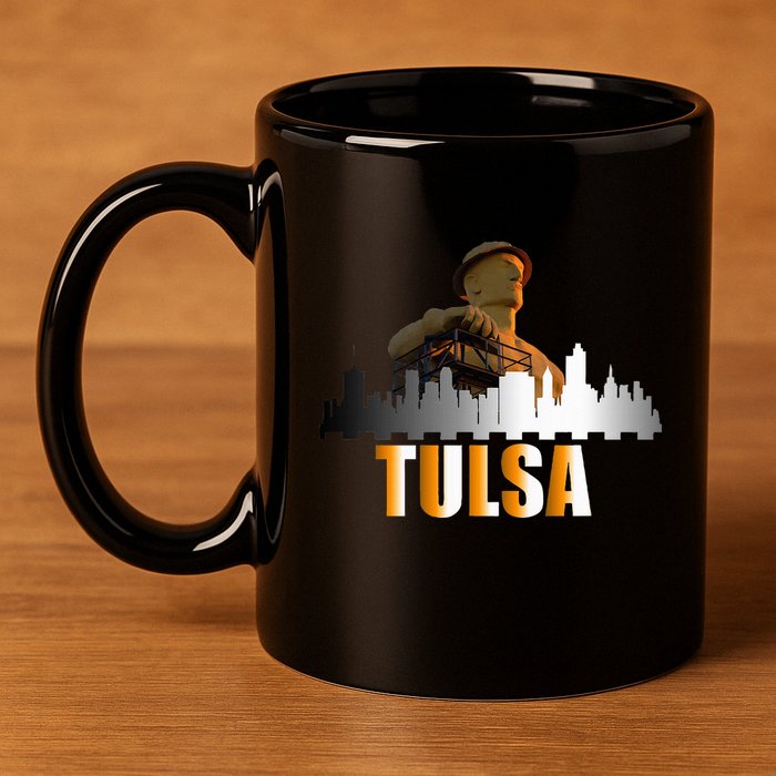 The Golden Driller Of Tulsa Oklahoma And The Tulsa Skyline 11oz C Handle Ceramic Mug