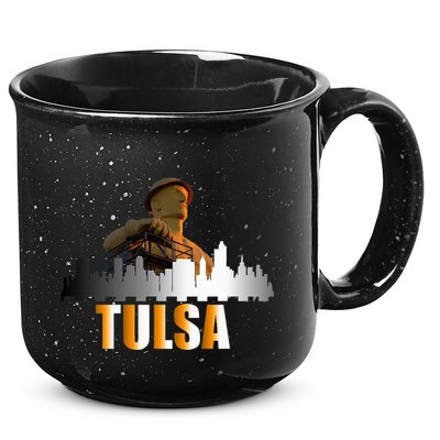 The Golden Driller Of Tulsa Oklahoma And The Tulsa Skyline 15oz Campfire Ceramic Mug