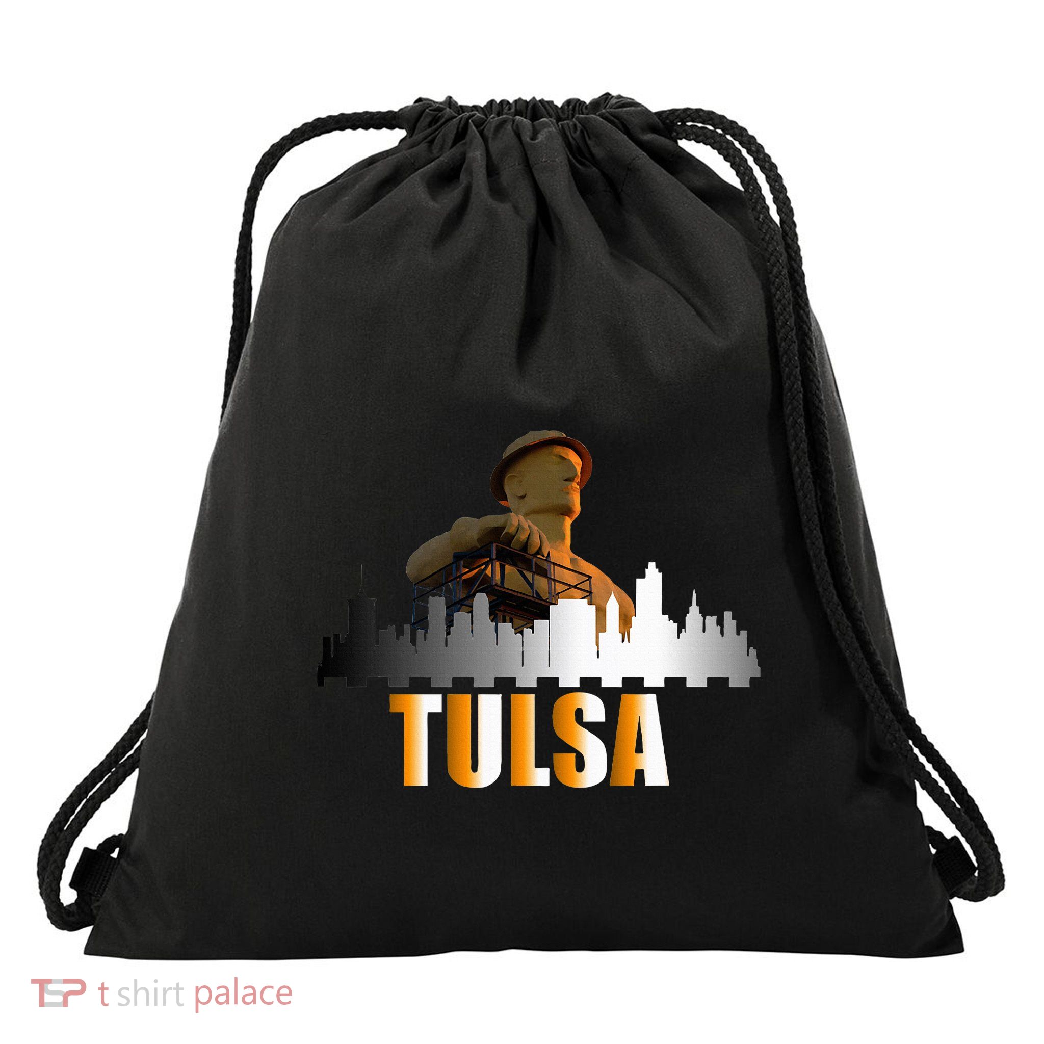 The Golden Driller Of Tulsa Oklahoma And The Tulsa Skyline Drawstring Bag
