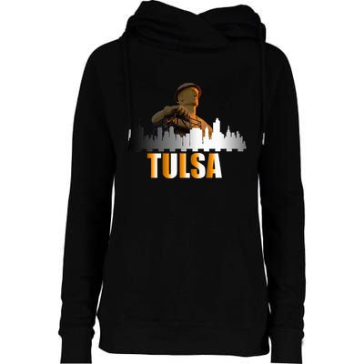 The Golden Driller Of Tulsa Oklahoma And The Tulsa Skyline Womens Funnel Neck Pullover Hood